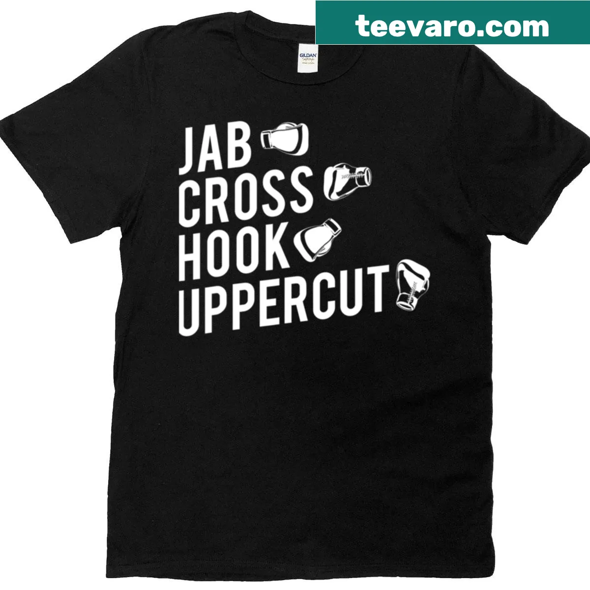 Illustrative t-shirt depicting boxing moves: jab, cross, hook, uppercut — on a men's t-shirt
