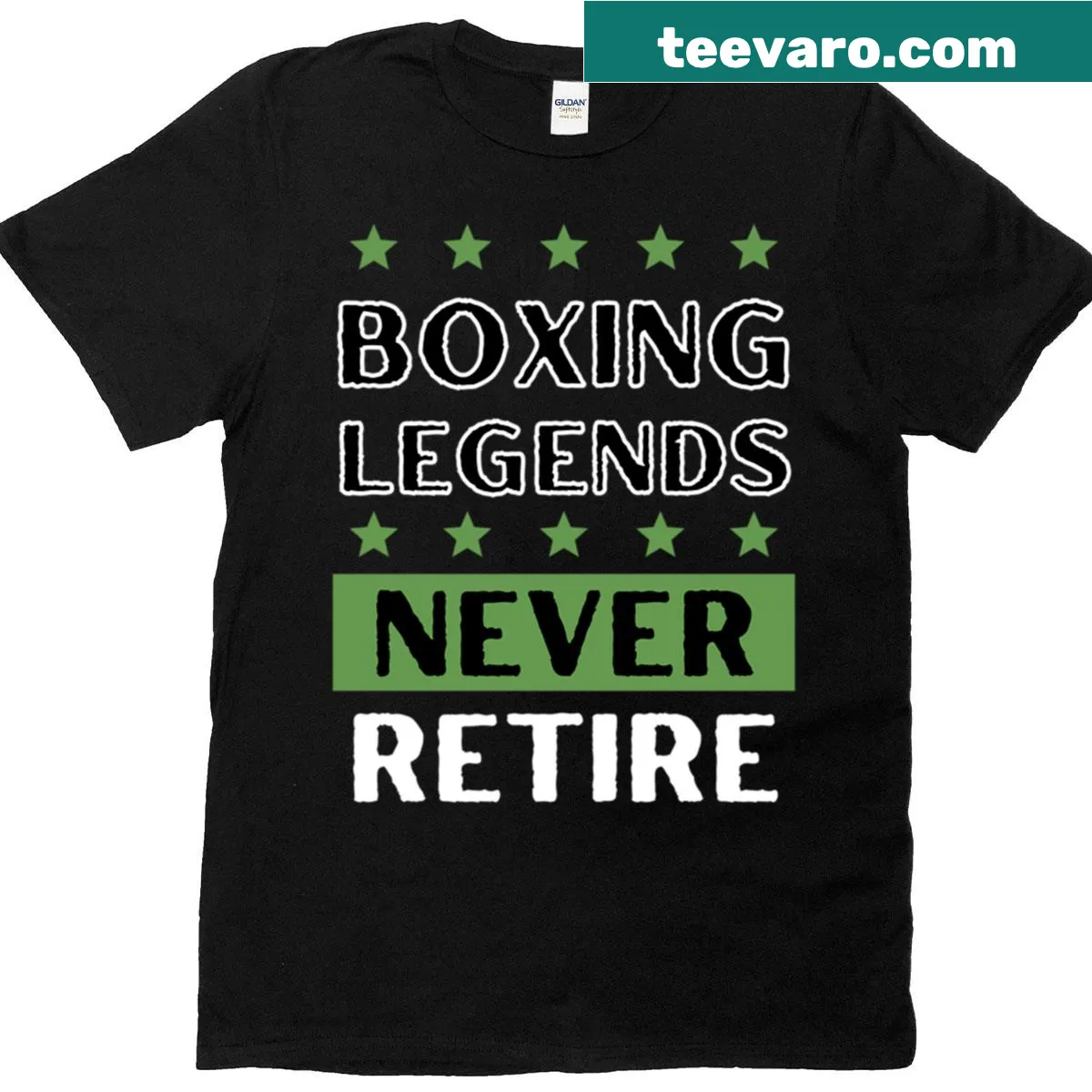 Green t-shirt stating Legends Never Retire in bold letters — on a men's t-shirt