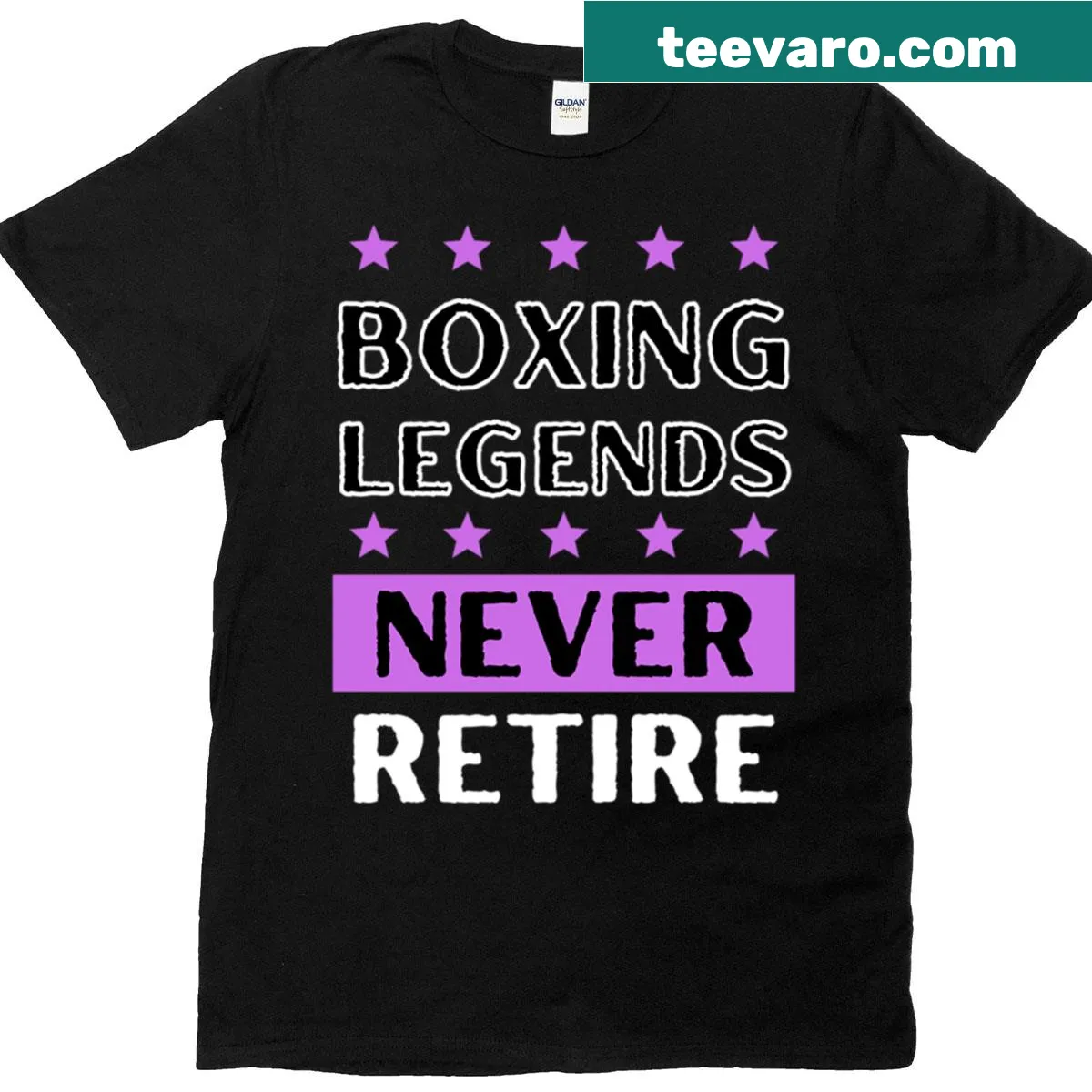 Purple t-shirt with the phrase Legends Never Retire in bold font — on a men's t-shirt