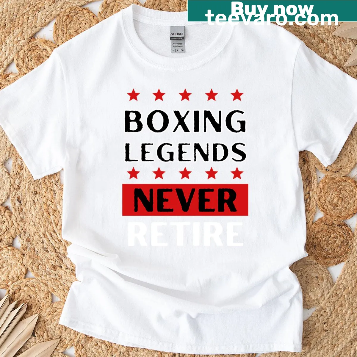 Red t-shirt with the text 'Boxing Legends Never Retire' — on a men's t-shirt