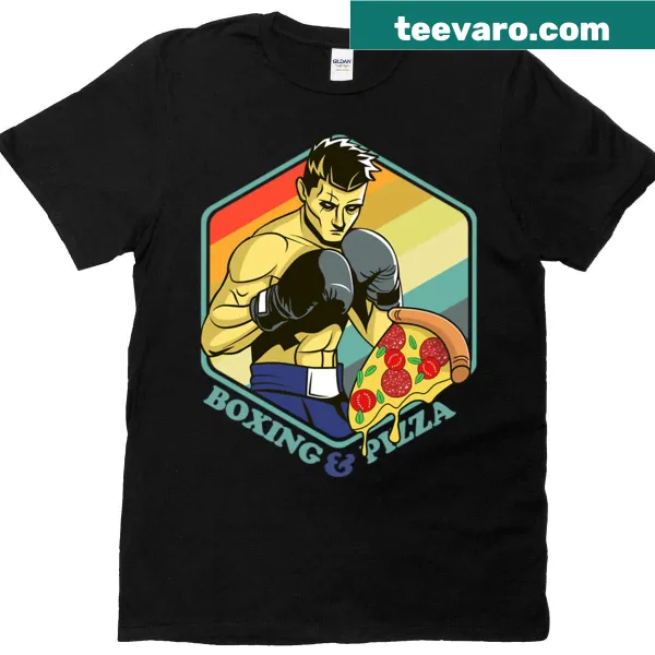 Playful cartoon boxer holding pizza on this t-shirt
