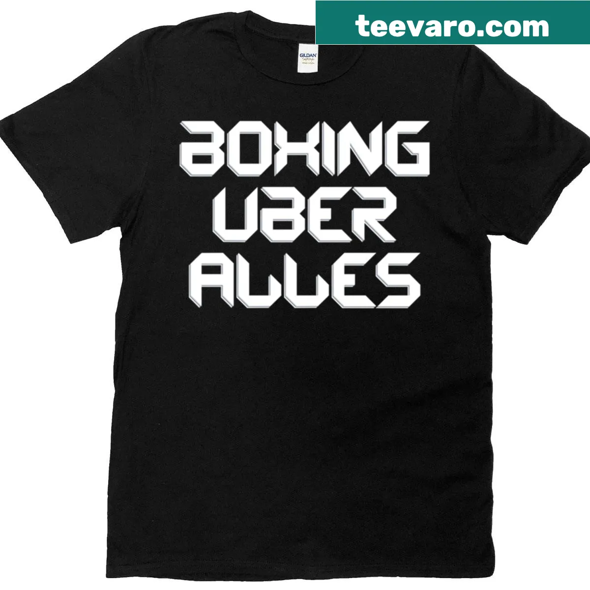 Boxing Uber Alles T-shirt with bold typography design — on a men's t-shirt
