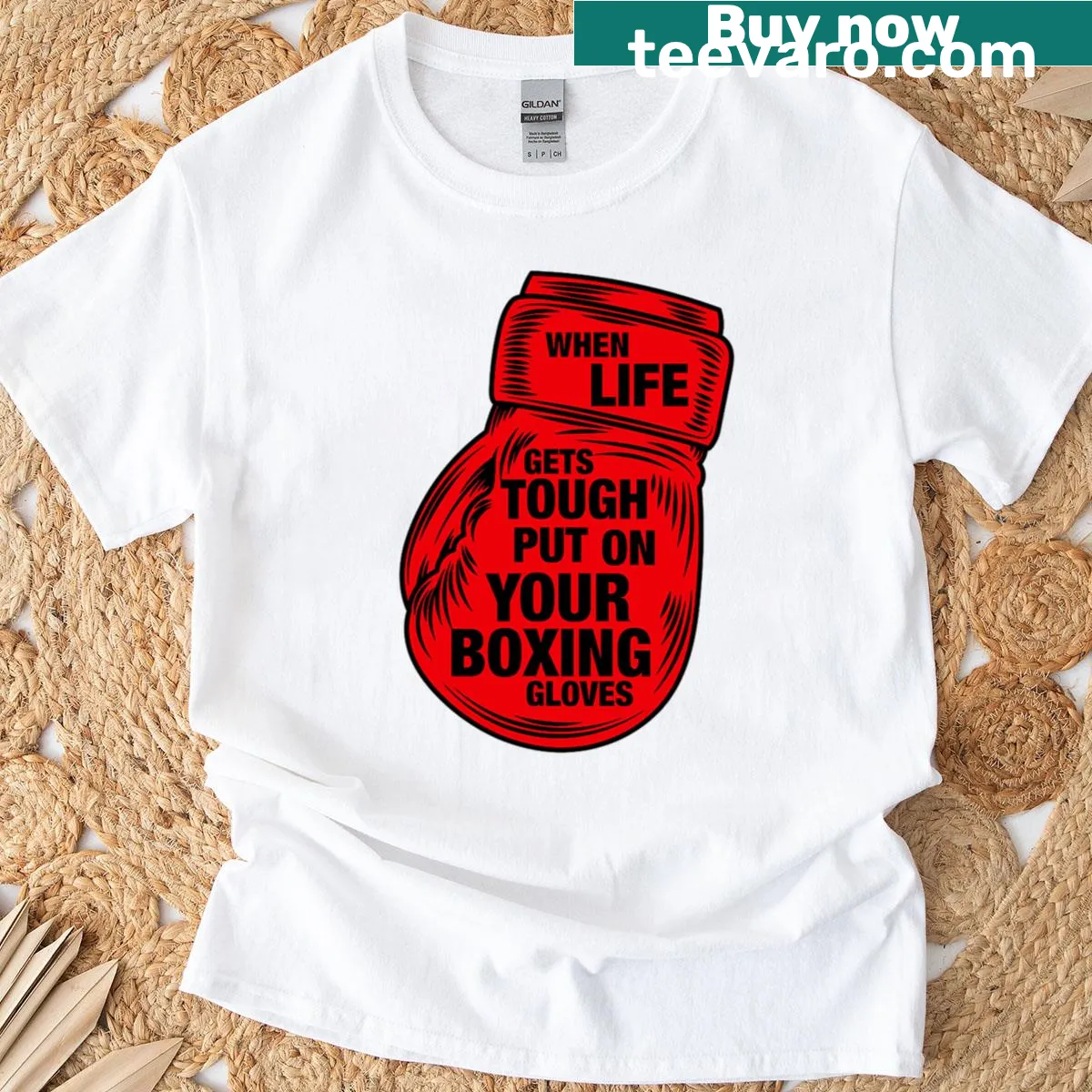 Inspirational boxing gloves T-shirt with motivational quote — on a men's t-shirt