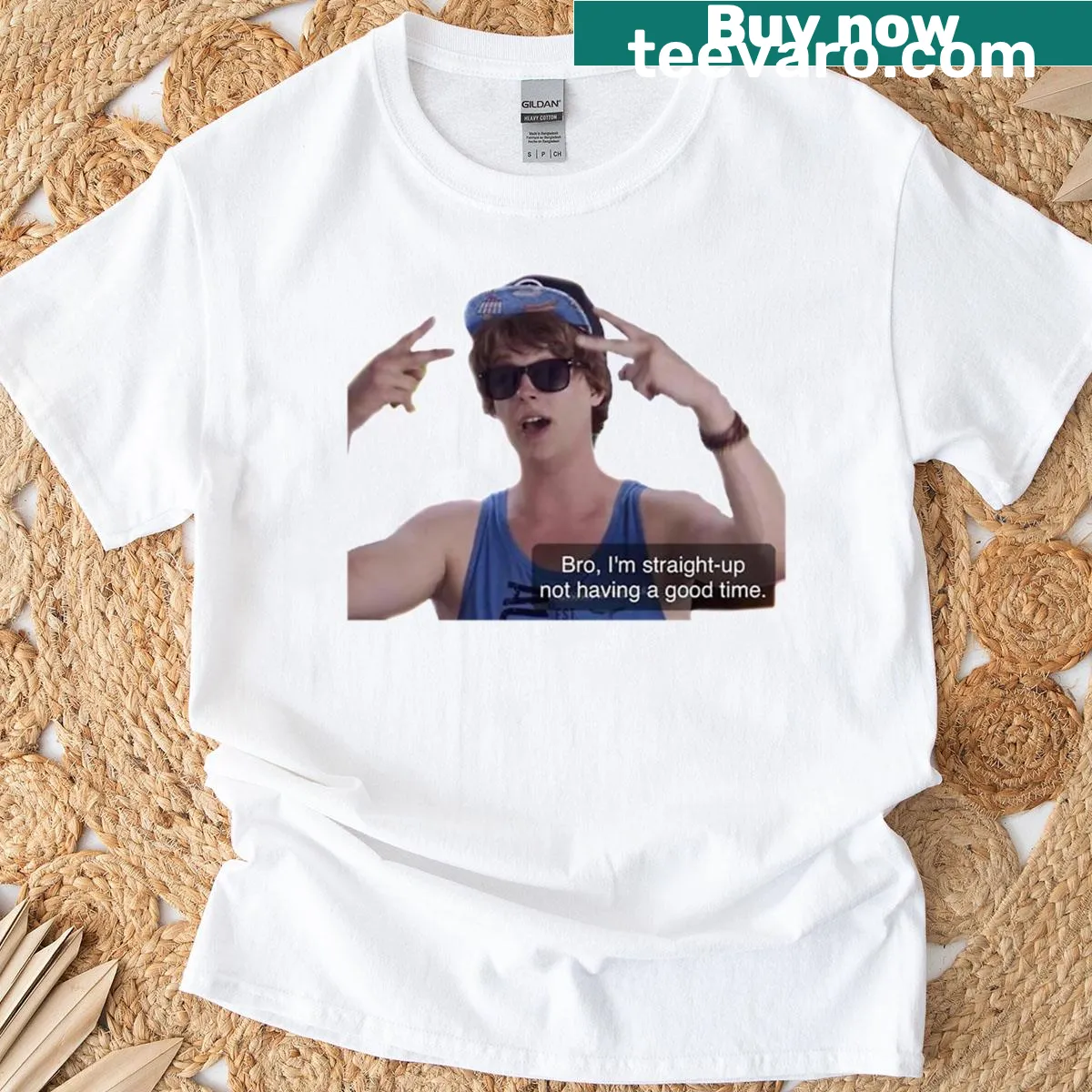 Sarcastic typography T-shirt stating 'Bro, I'm not having a good time' — on a men's t-shirt