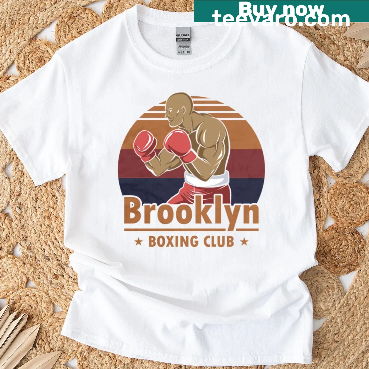 Retro T-shirt featuring vintage sunset and boxing club imagery — on a men's t-shirt