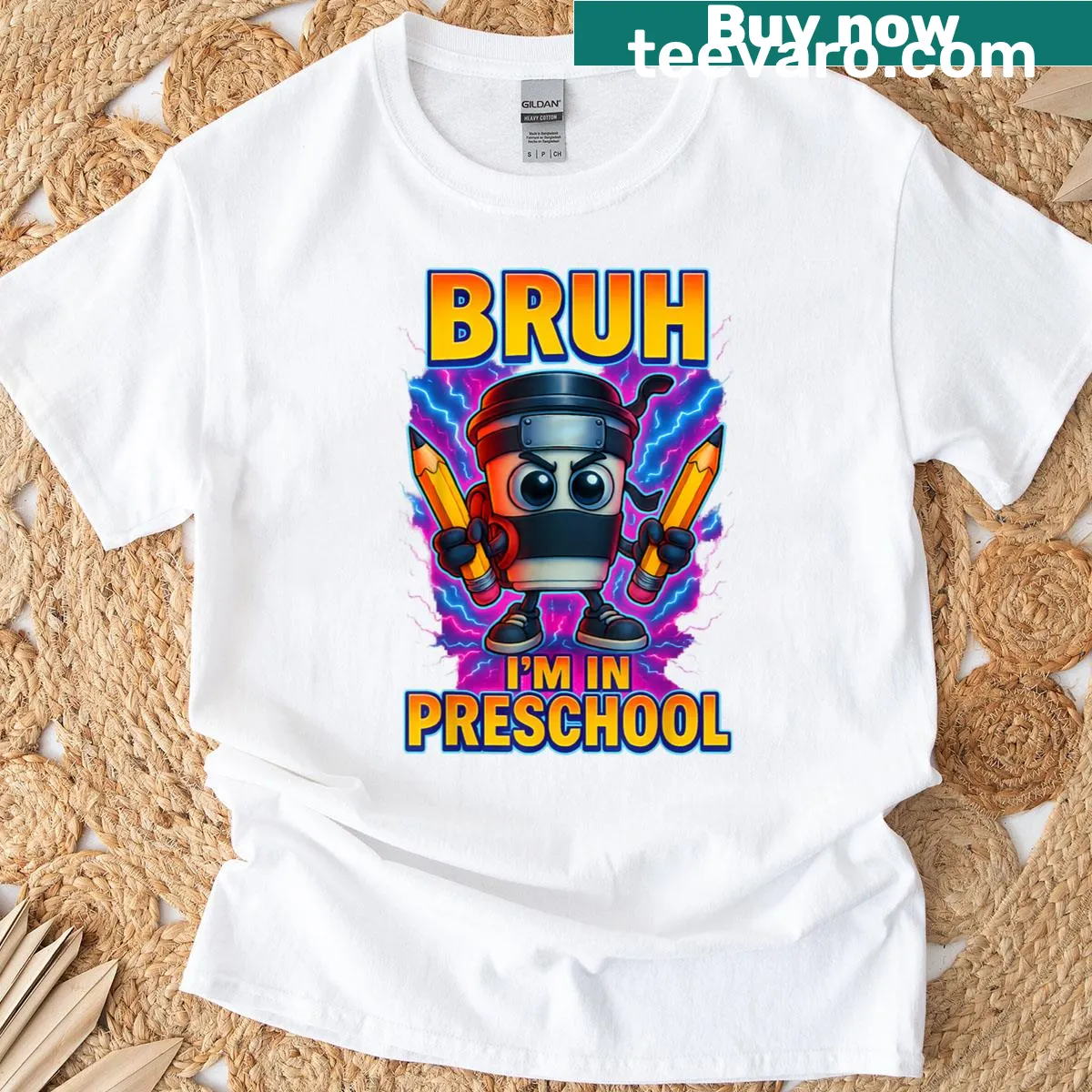 Playful preschool-themed T-shirt for boys with cartoon design — on a men's t-shirt