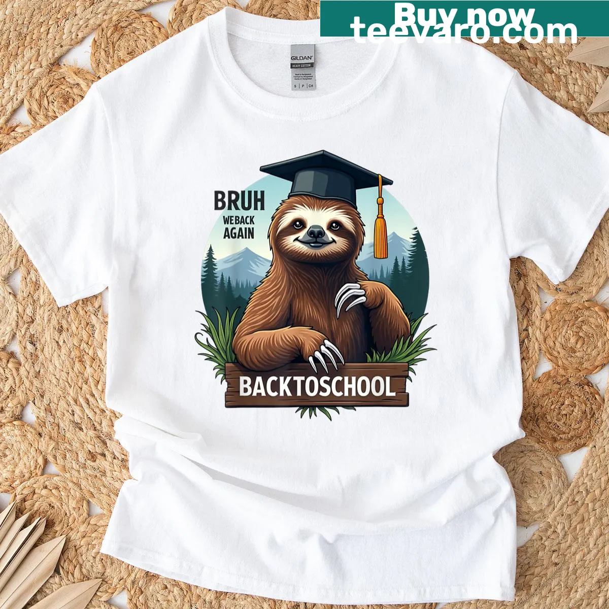 Funny T-shirt featuring a sloth with the text 'Bruh We Back Again' — on a men's t-shirt