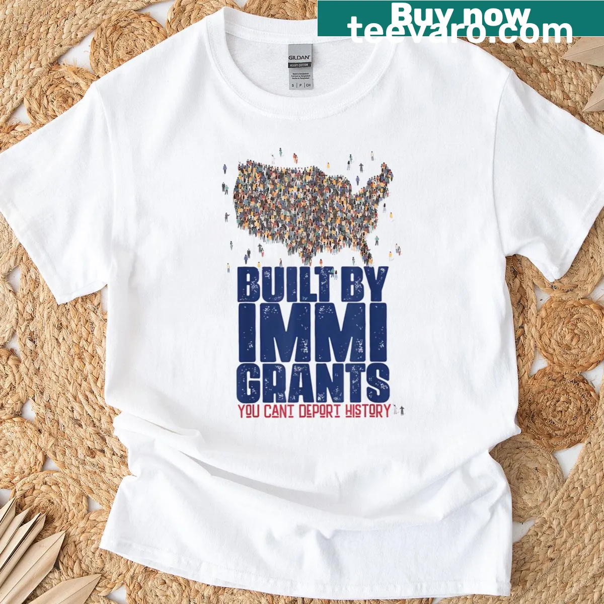 Bold typography T-shirt stating 'Built By Immigrants You Can't Deport History'. — on a men's t-shirt