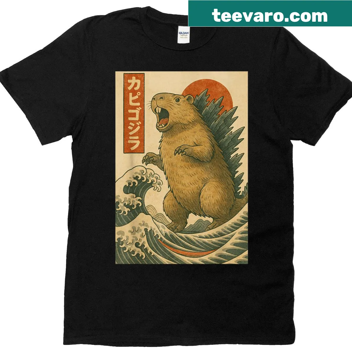 Funny capybara graphic t-shirt inspired by Japanese art — on a men's t-shirt