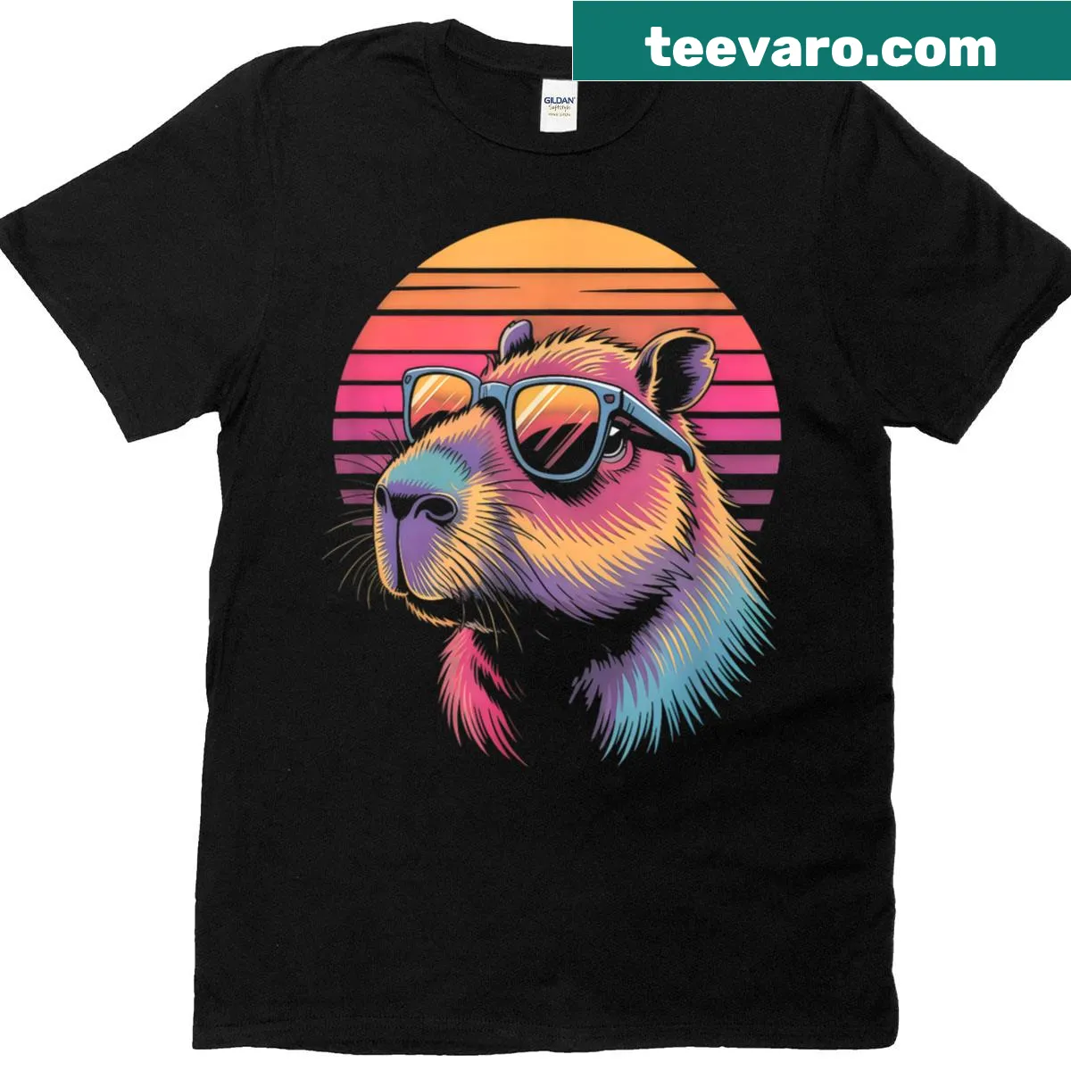 Capybara with sunglasses and sunset design on a T-shirt — on a men's t-shirt