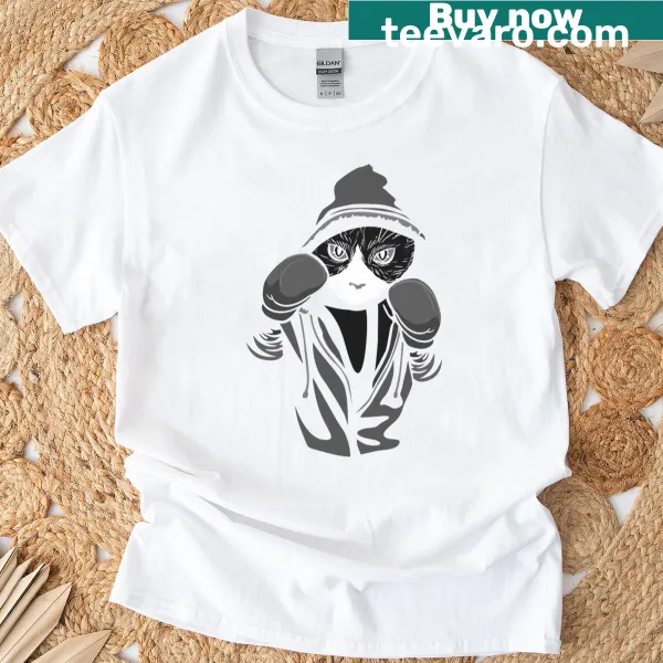 Illustrative T-shirt featuring a boxing cat design.