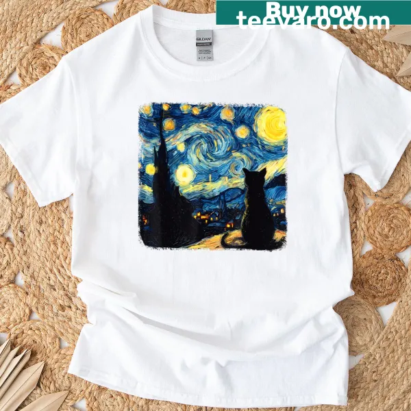 Artistic Van Gogh-style cat design on a starry night t-shirt