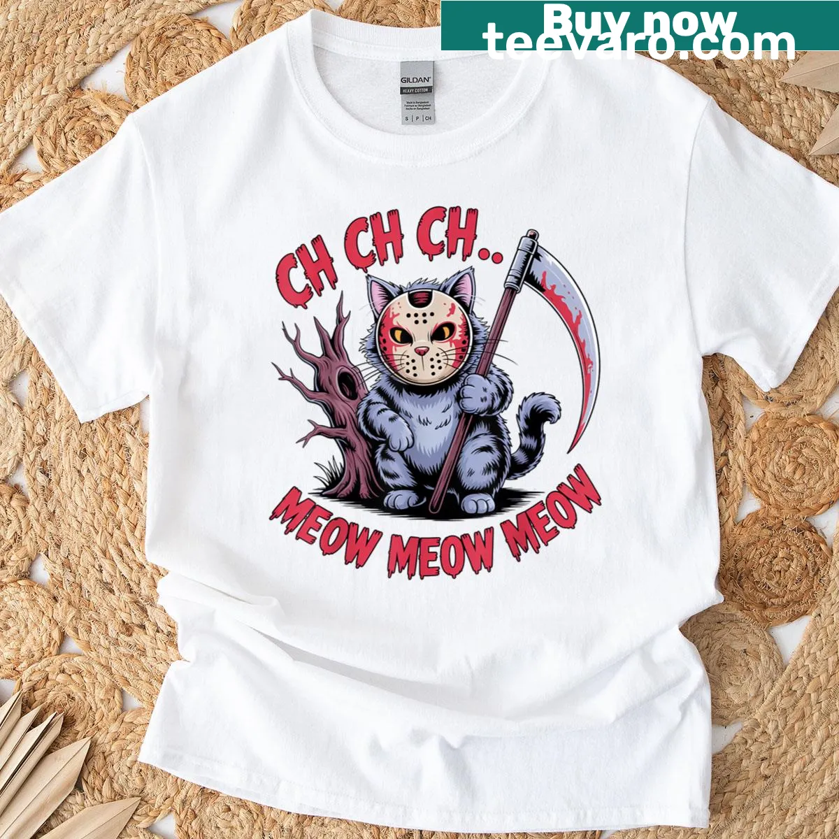 Humorous Halloween cat-themed graphic on a T-shirt. — on a men's t-shirt