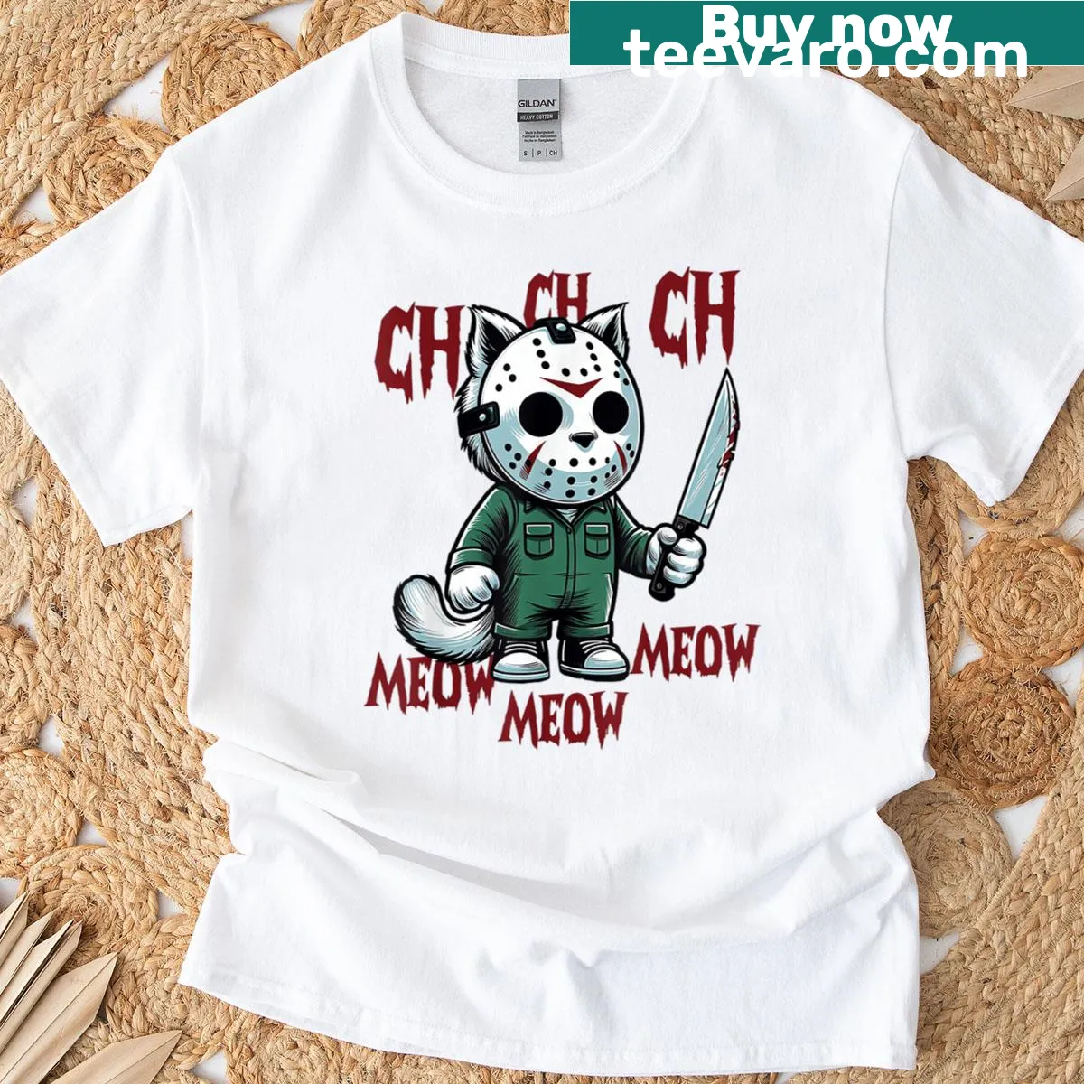 Spooky cat-themed horror movie t-shirt with playful text — on a men's t-shirt