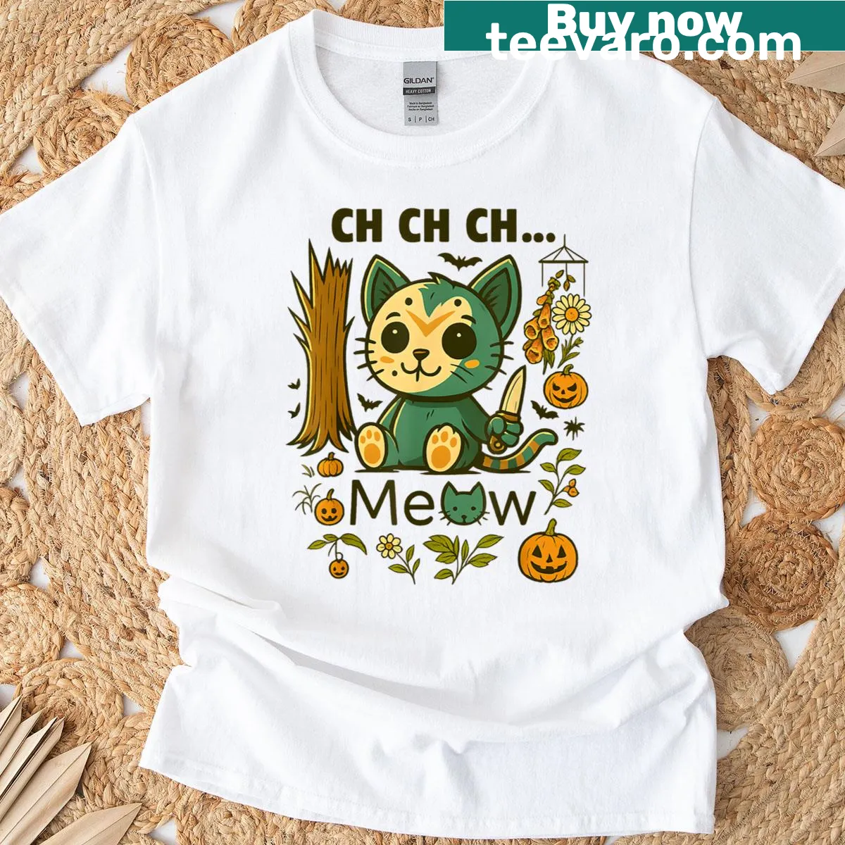 Scary Halloween cat lover t-shirt with playful graphic text — on a men's t-shirt