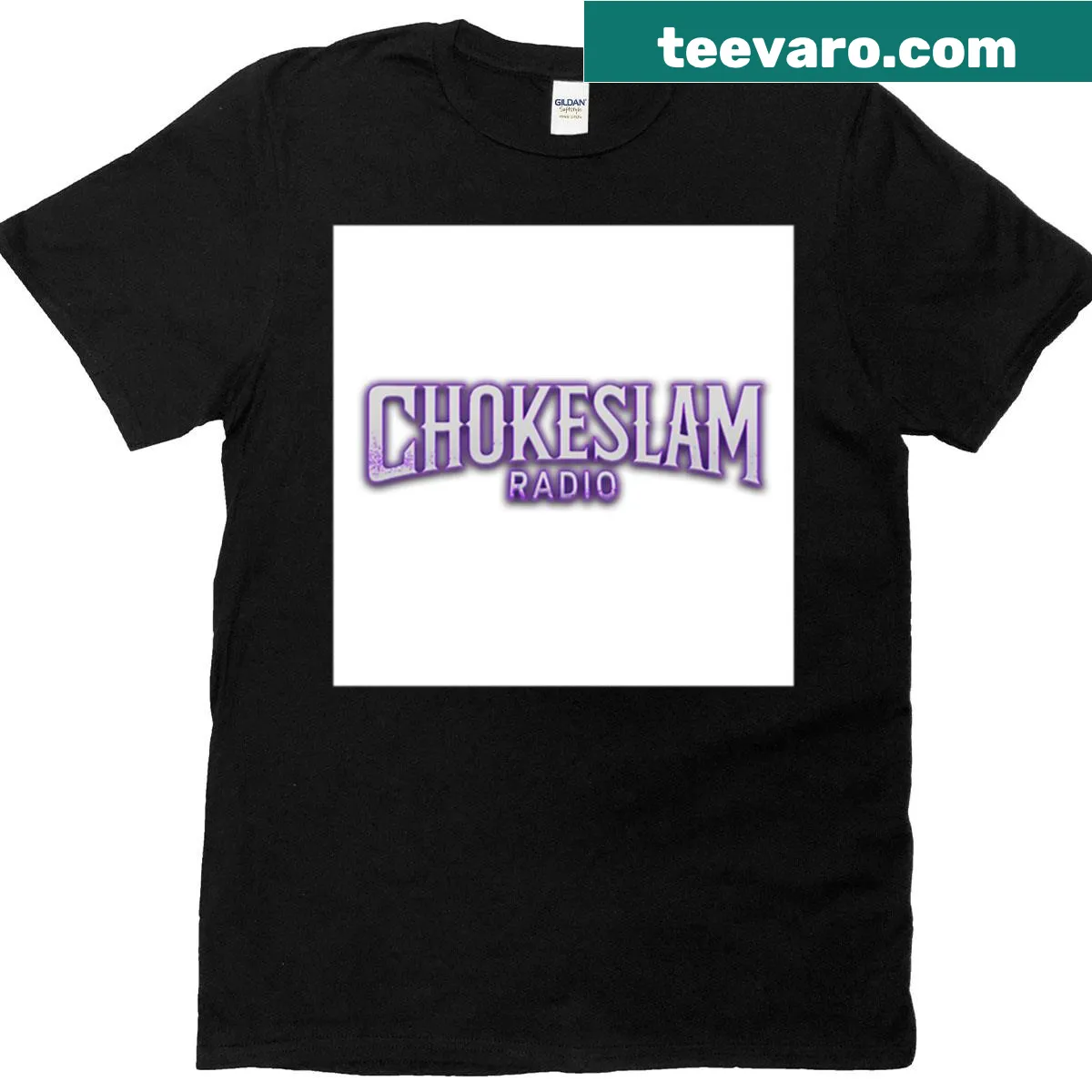 Wrestling-themed T-shirt with bold Chokeslam Radio 1 text — on a men's t-shirt