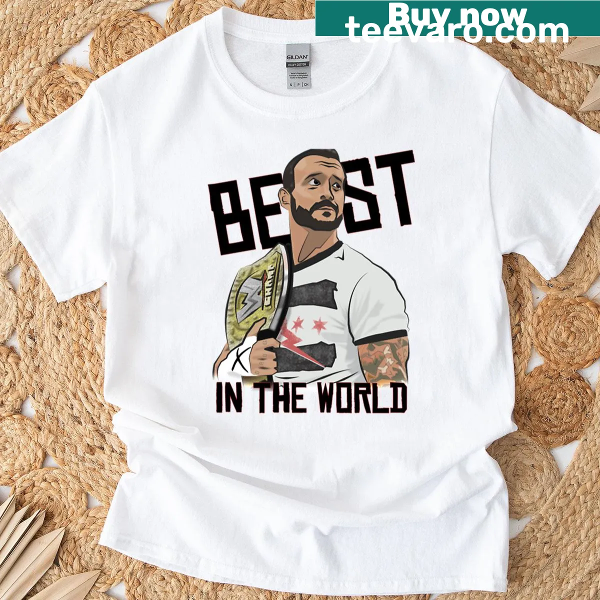 Illustration of CM Punk on a t-shirt — on a men's t-shirt