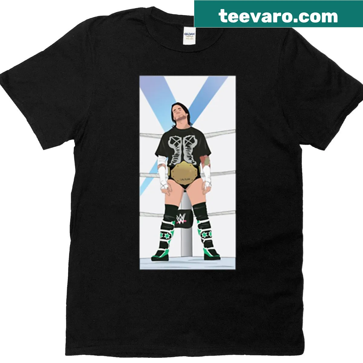 Illustration of CM Punk on a wrestling-themed T-shirt — on a men's t-shirt