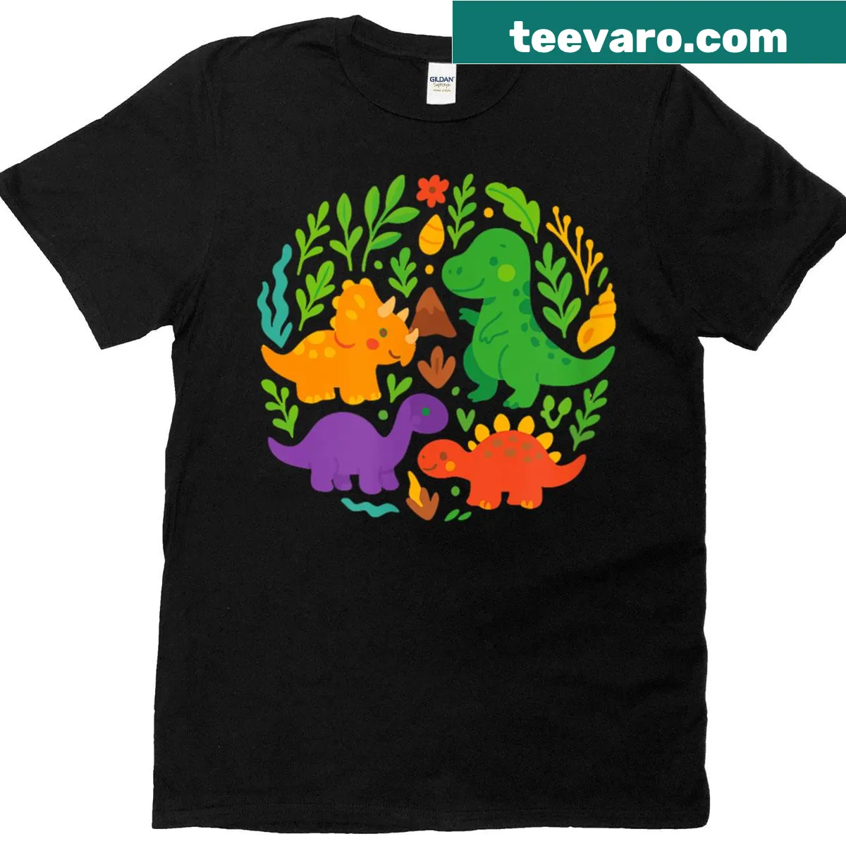 Playful dinosaur jungle graphic t-shirt for fans — on a men's t-shirt