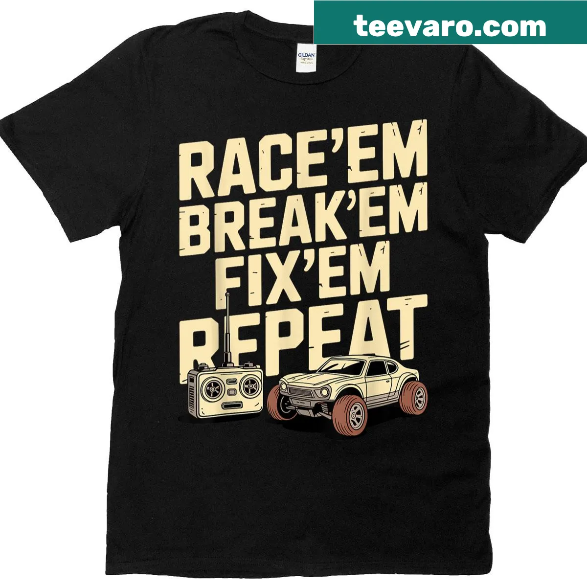 Illustrated racing scene T-shirt for remote control car lovers — on a men's t-shirt