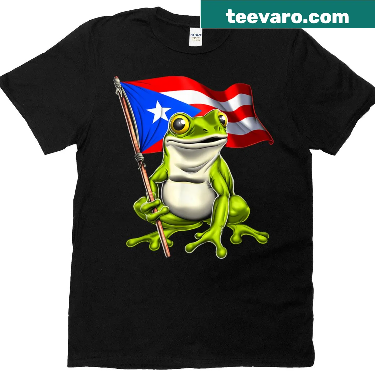Coqui frog and Puerto Rican flag design on a t-shirt — on a men's t-shirt