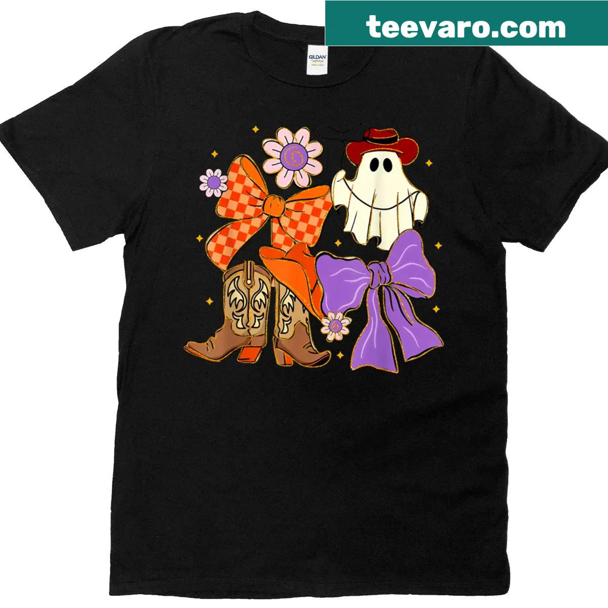 Cartoon ghost cowboy design T-shirt for Halloween — on a men's t-shirt
