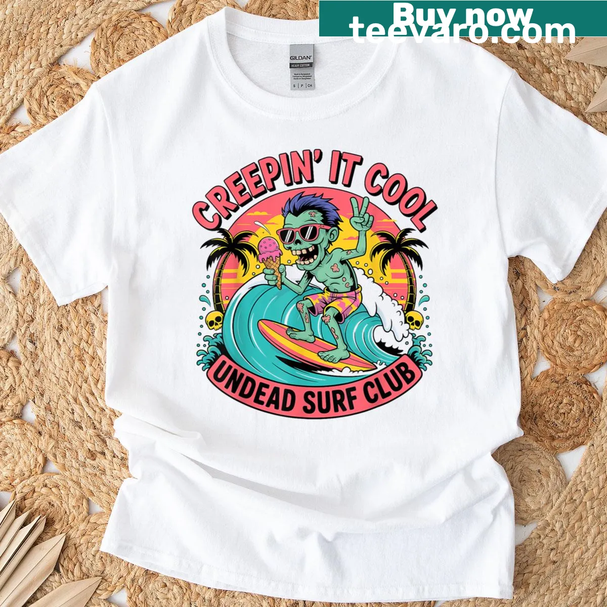 Funny zombie-themed t-shirt with the phrase Creepin It Cool — on a men's t-shirt