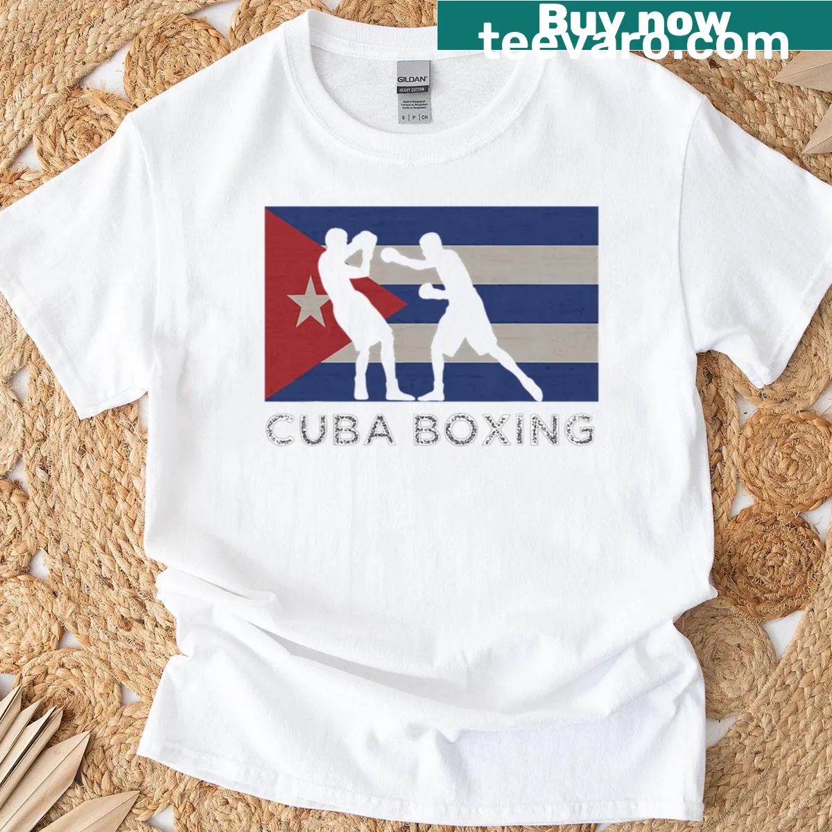 Graphic t-shirt featuring Cuban boxing gloves and national flag — on a men's t-shirt