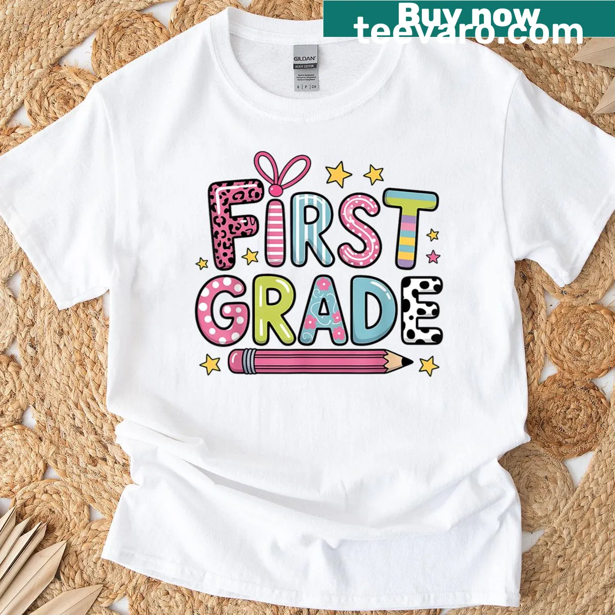 Cute t-shirt featuring a preppy design for first grade teachers — on a men's t-shirt