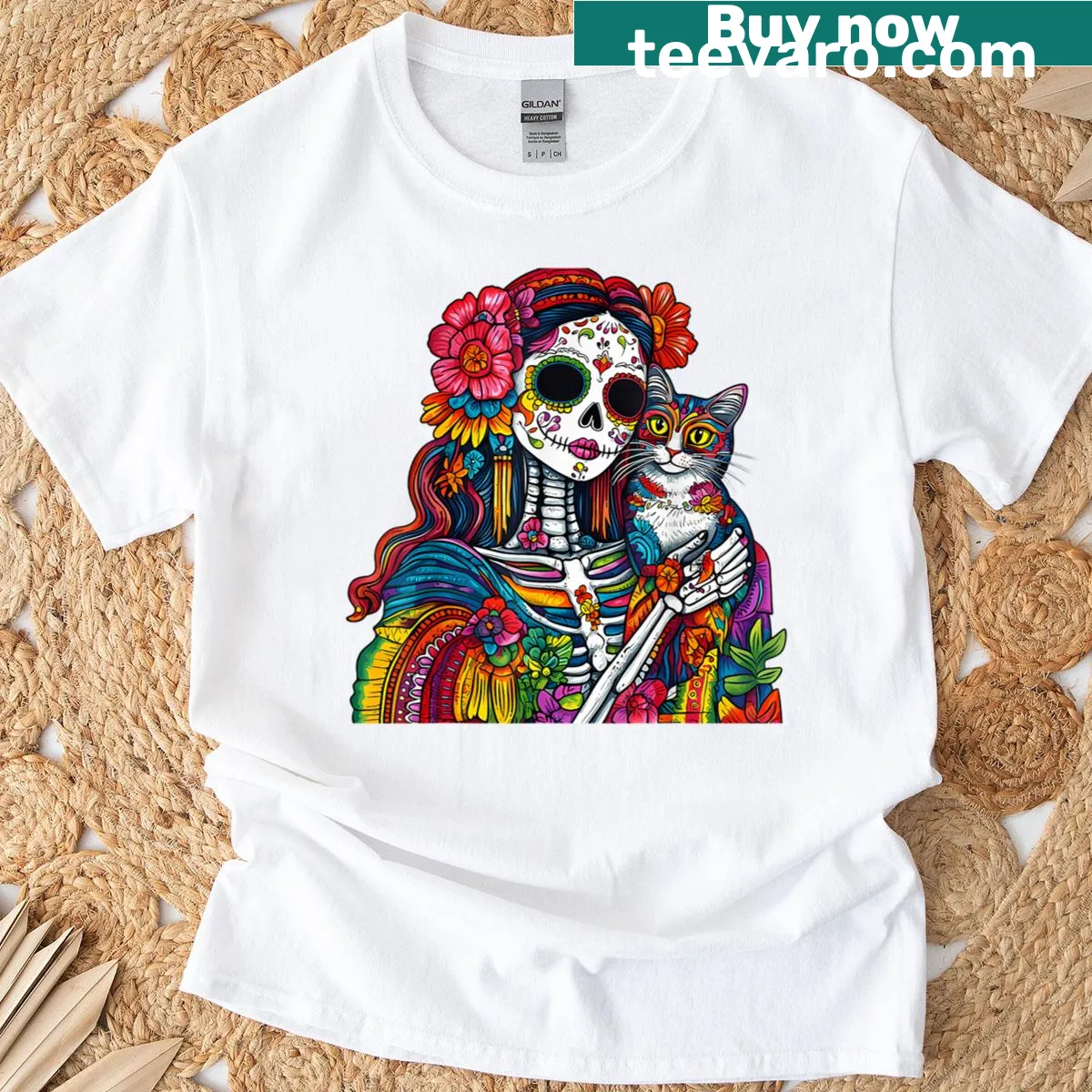 Illustrated t-shirt featuring a cat skeleton in sugar skull design — on a men's t-shirt