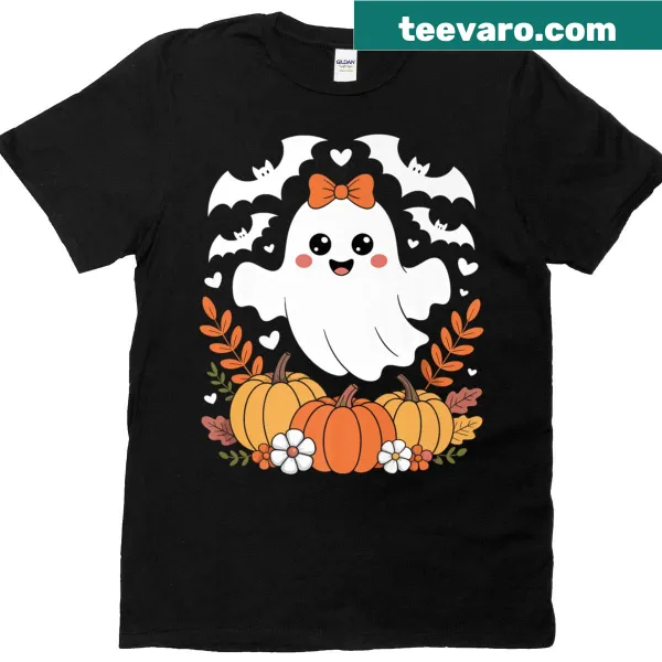 Cute ghost with pumpkins and flowers graphic on a t-shirt