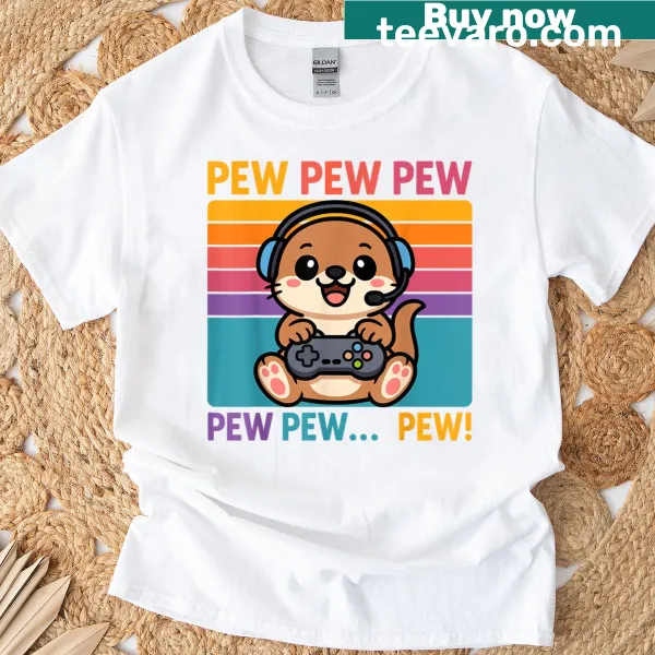 Otter gaming T-shirt with controller and 'Pew' graphic