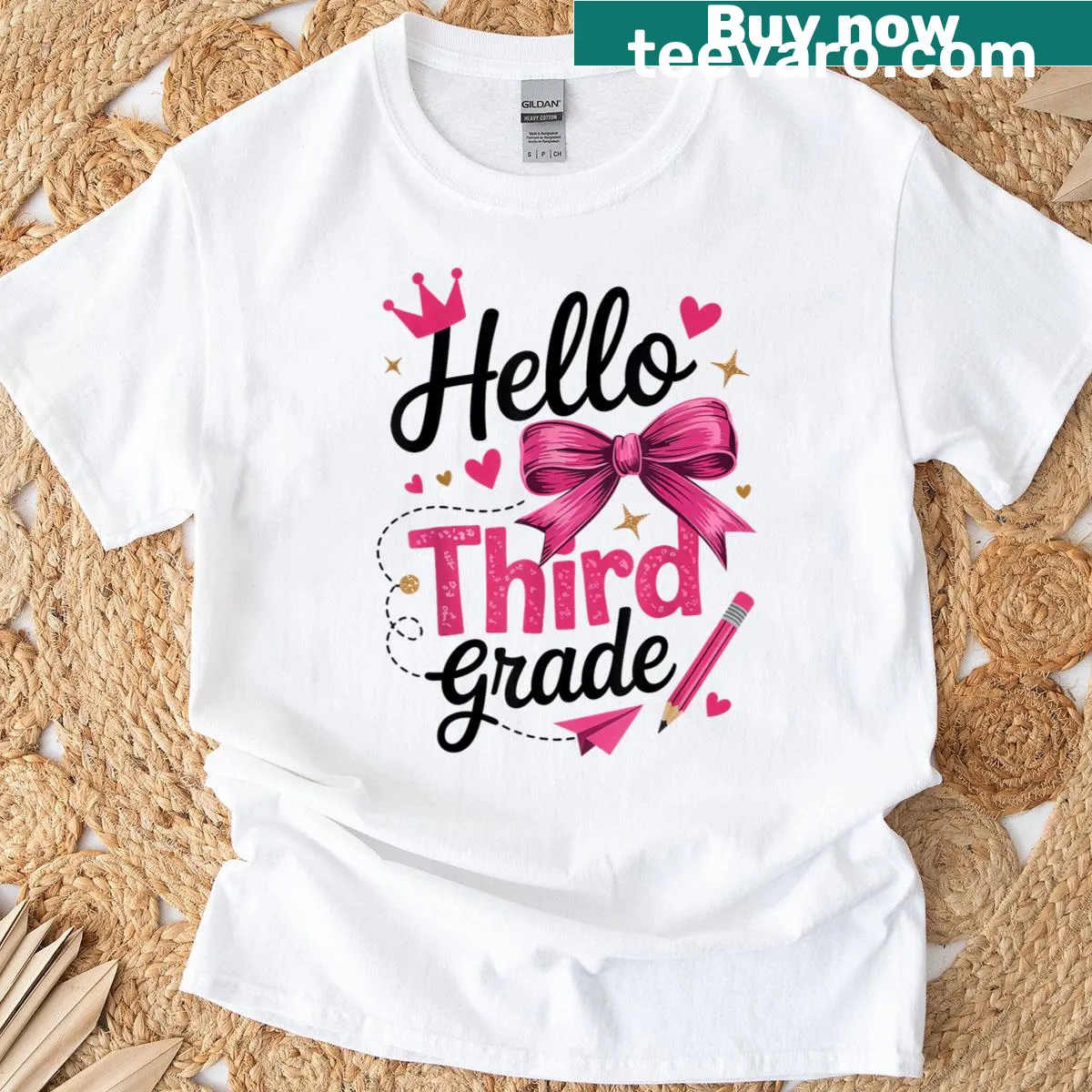 Pink pencil T-shirt with a bow and 'Hello 3rd Grade' text — on a men's t-shirt