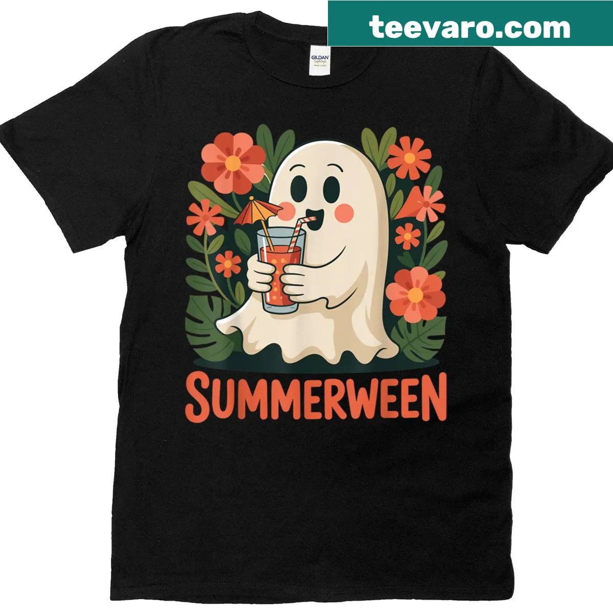 Whimsical ghost among cocktail flowers illustration on women's top — on a men's t-shirt