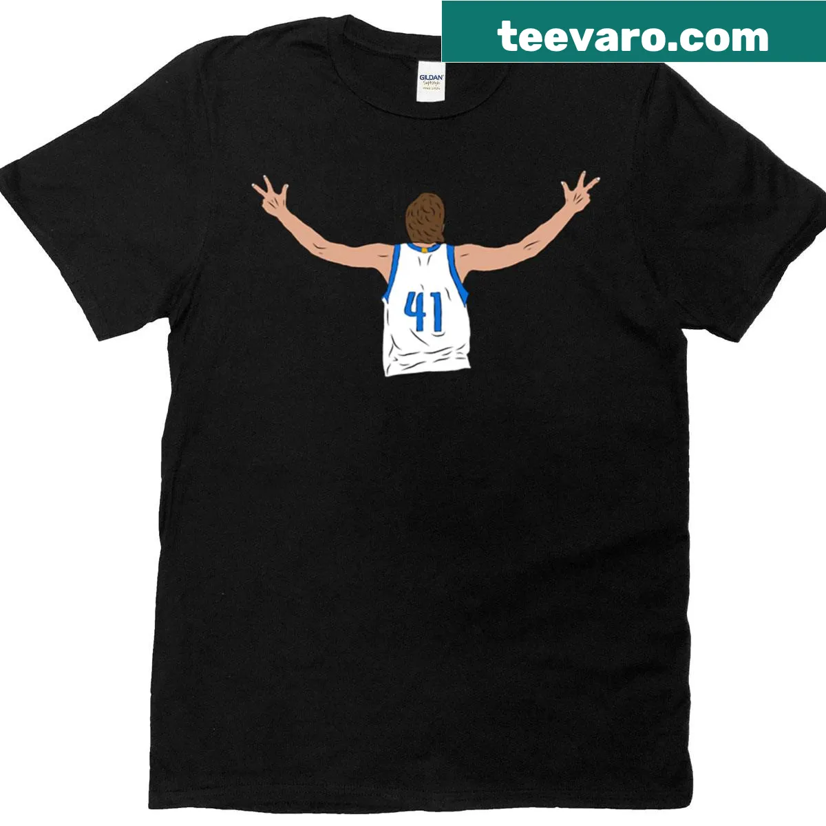 Celebratory graphic t-shirt featuring Dirk Nowitzki in action — on a men's t-shirt