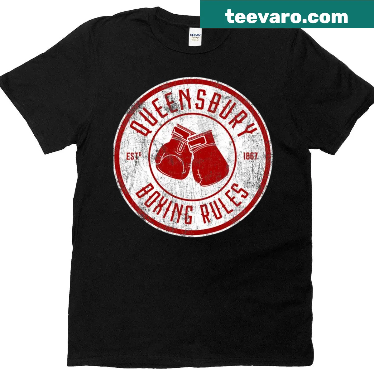 Vintage boxing T-shirt featuring distressed graphic of Queensbury Rules — on a men's t-shirt