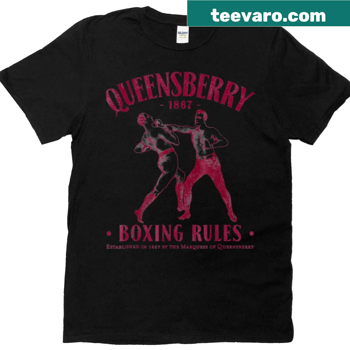 Vintage boxing T-shirt featuring distressed graphic of Queensbury Rules — on a men's t-shirt