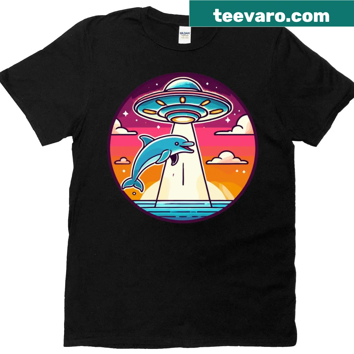 T-shirt with an illustration of dolphins being abducted by an alien spacecraft — on a men's t-shirt