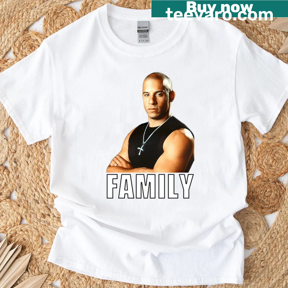 Fast and Furious t-shirt with Dom Toretto family text — on a men's t-shirt
