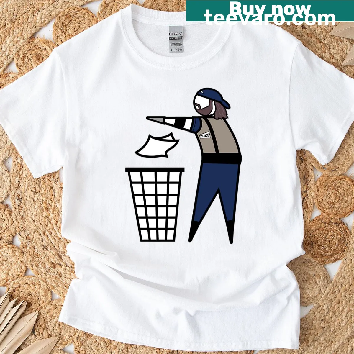 Illustrative T-shirt featuring Duke The Dumpster Droese — on a men's t-shirt