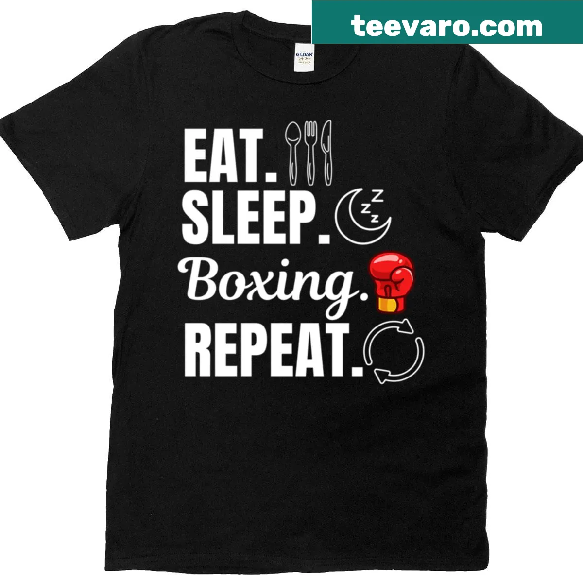 Oversized T-shirt with bold 'Eat Sleep Boxing Repeat' text for boxing enthusiasts — on a men's t-shirt