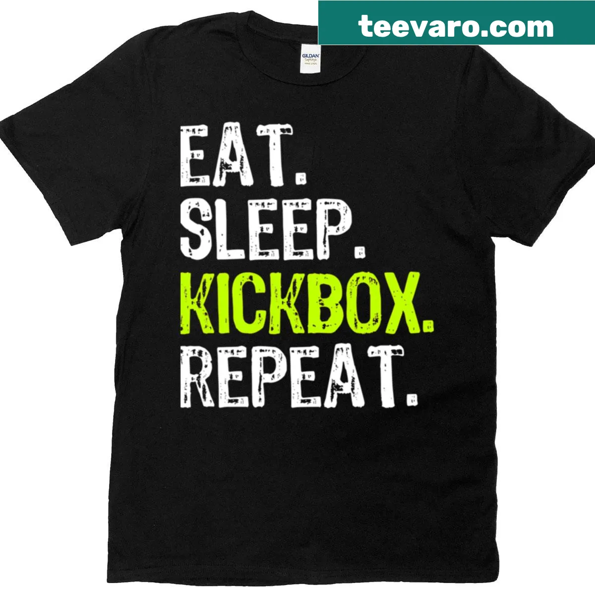 Dynamic T-shirt featuring 'Eat Sleep Kickbox Repeat' design for kickboxing fans — on a men's t-shirt