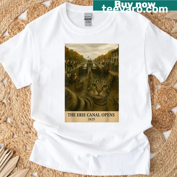 Cartoon cat selfie t-shirt featuring the Erie Canal