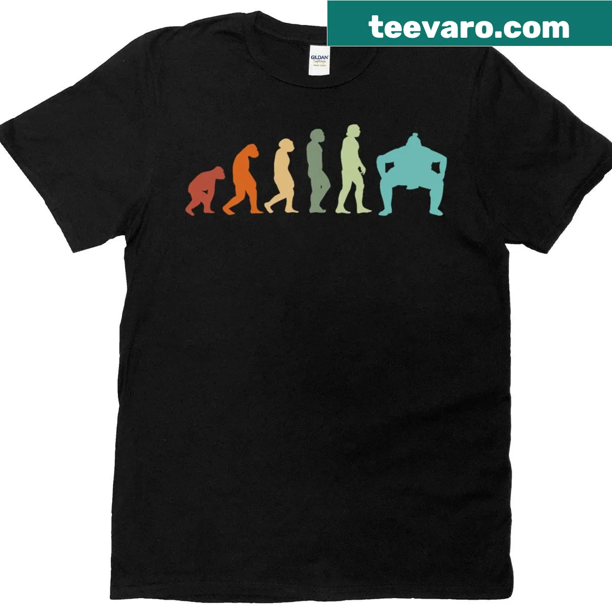 Evolution of sumo wrestlers graphic t-shirt — on a men's t-shirt