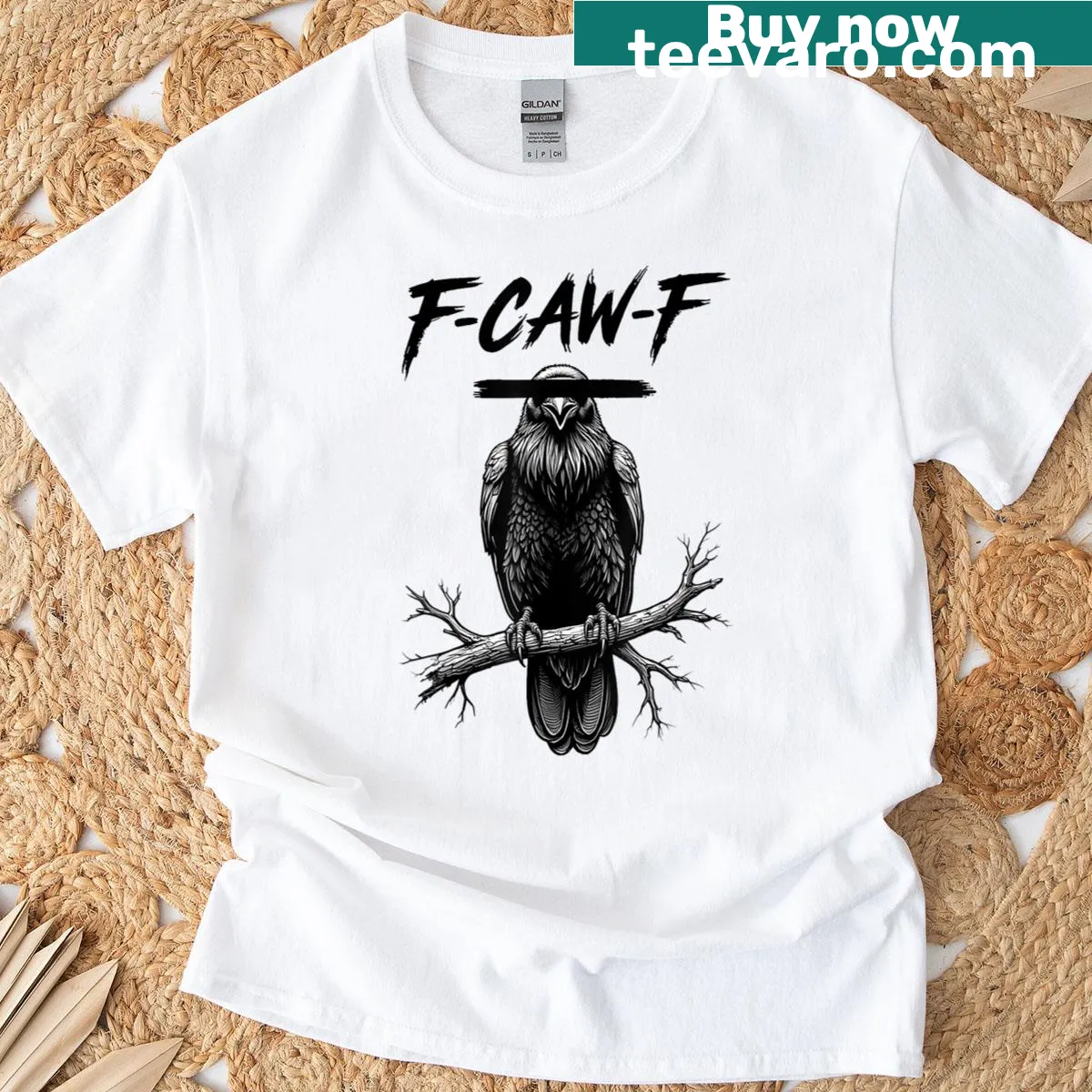 Funny black crow graphic with 'F-caw-f' phrase on a T-shirt — on a men's t-shirt