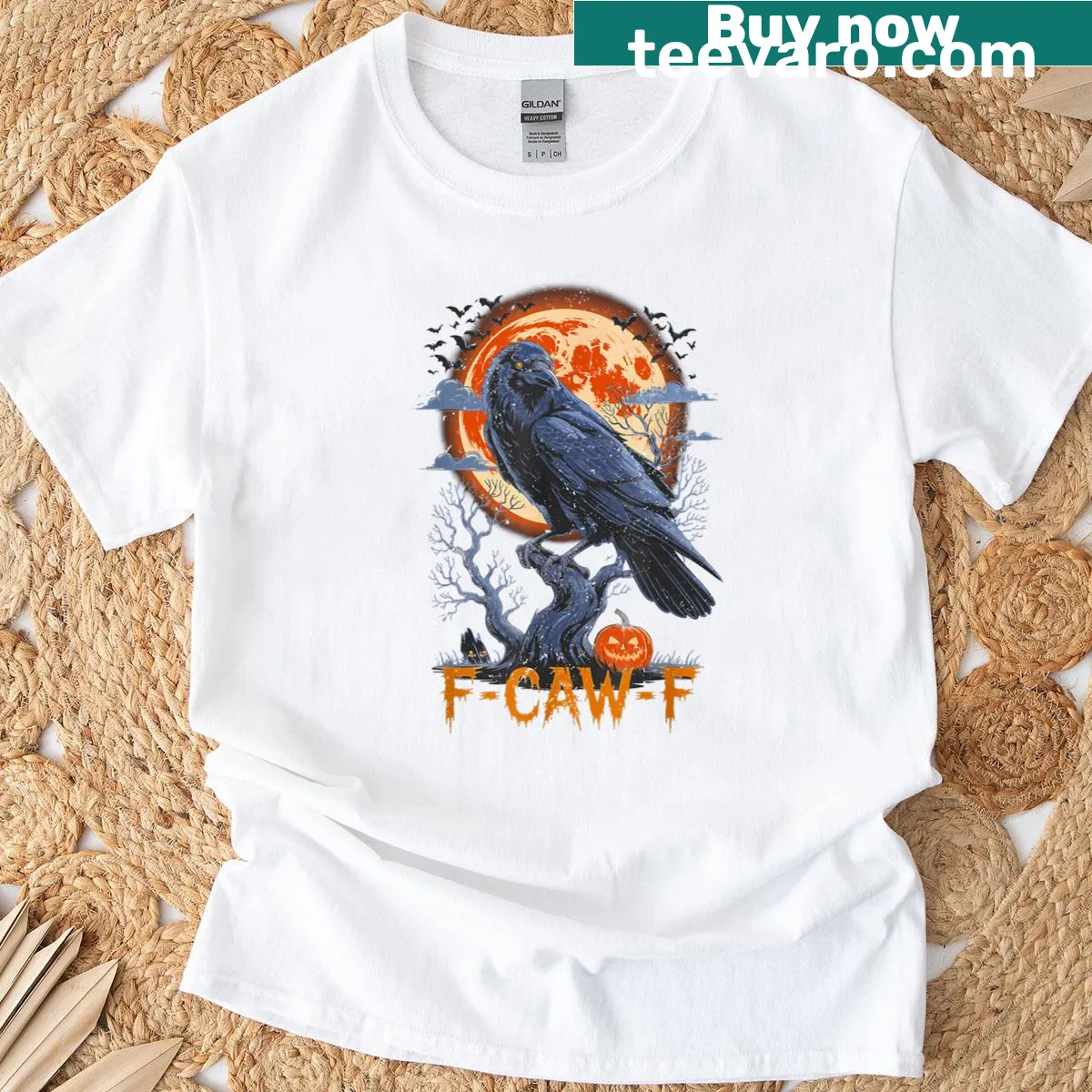 Funny Halloween T-shirt featuring a raven and gothic elements — on a men's t-shirt