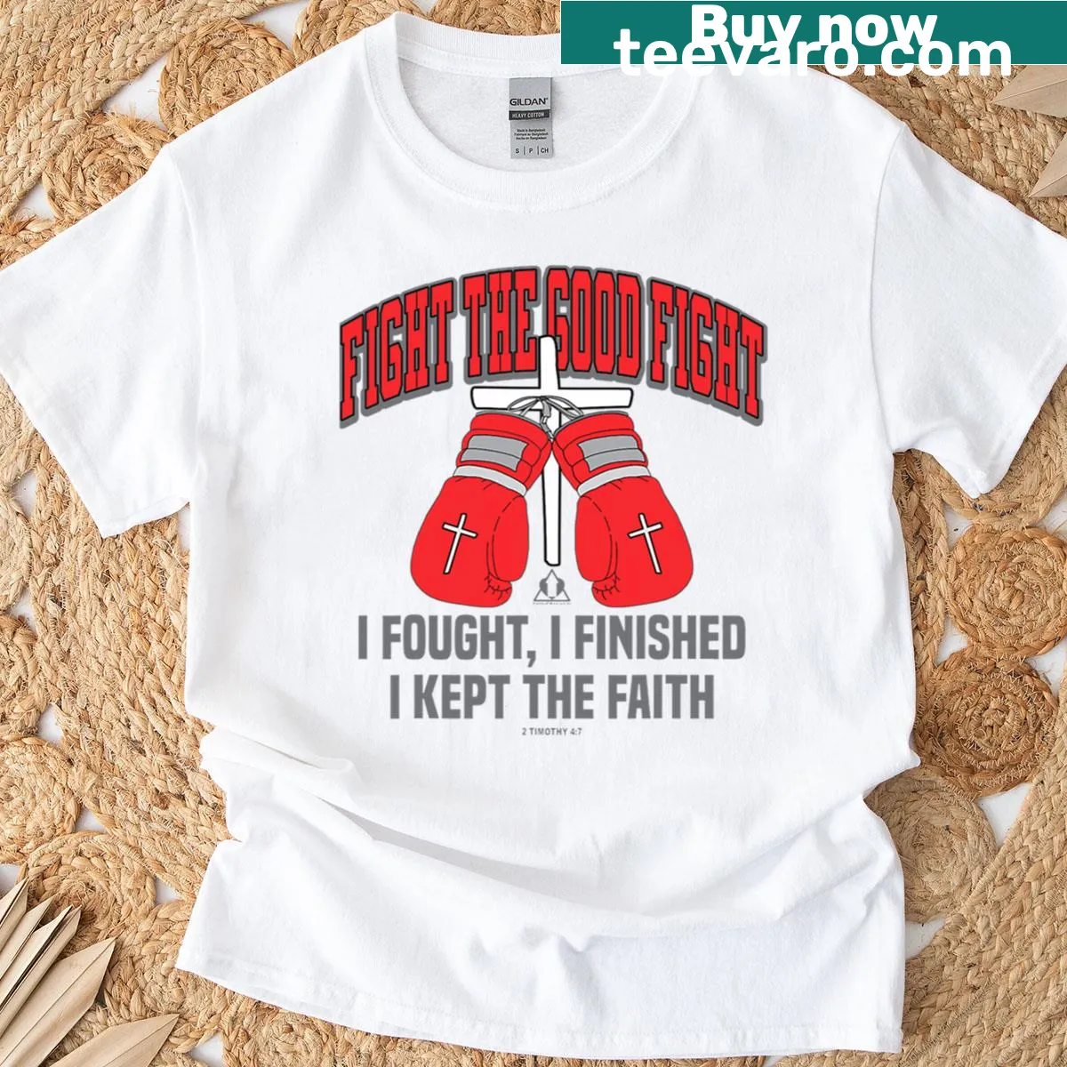 Oversized T-shirt with boxing gloves and the text 'Fight The Good Fight.' — on a men's t-shirt