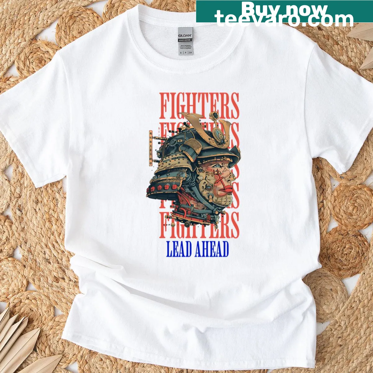 Motivational t-shirt with an illustration and the phrase 'Fighters Lead Ahead' — on a men's t-shirt