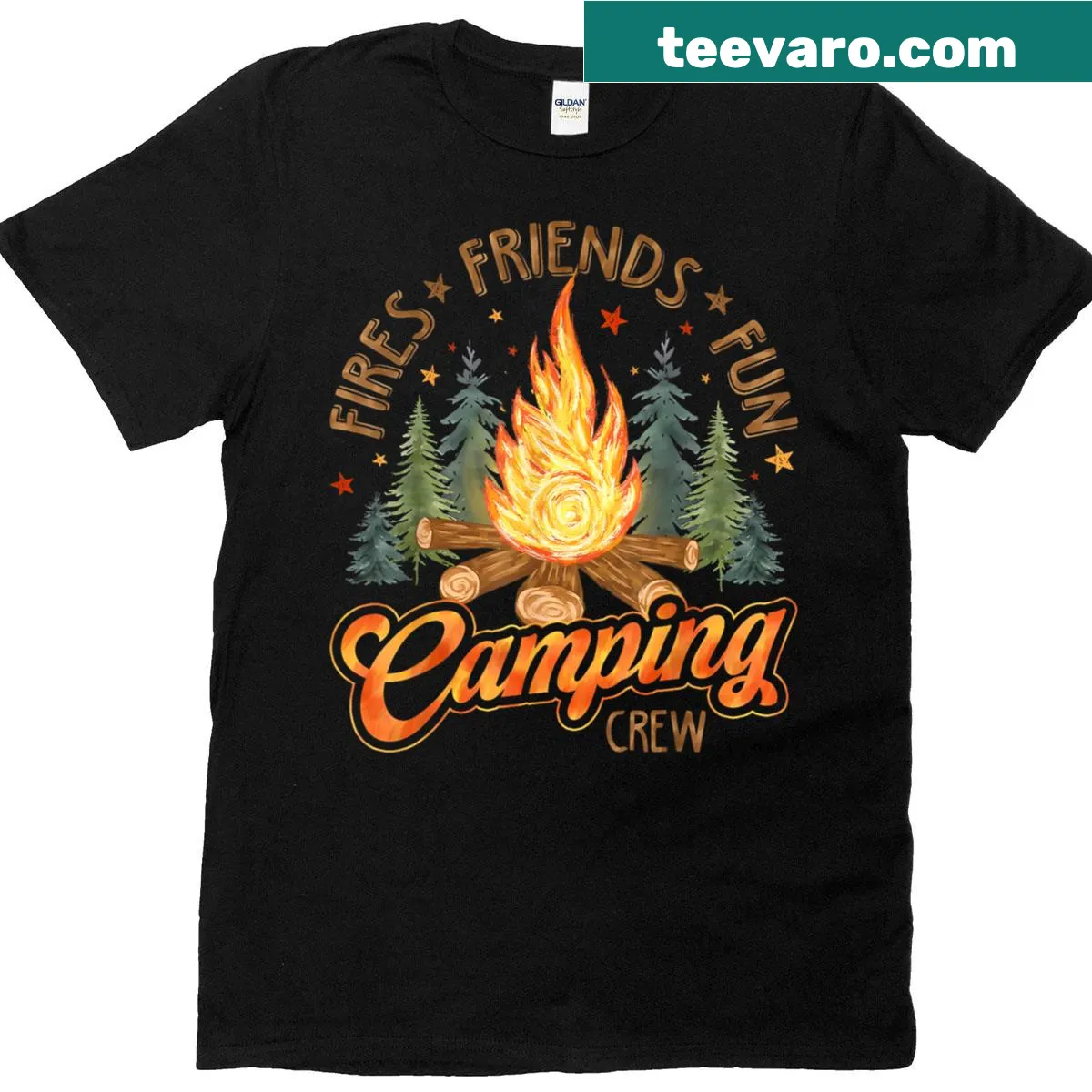 Camping-themed T-shirt featuring friends and campfire illustration — on a men's t-shirt