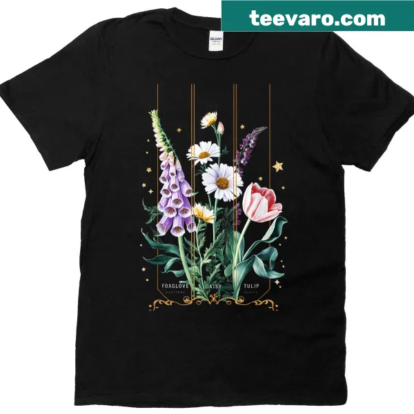 Vintage floral t-shirt with wildflowers like foxglove and tulip